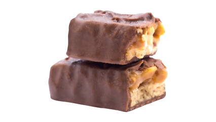 Two Chocolate Bars Stacked with Visible Caramel and Nut Filling on Isolated Background