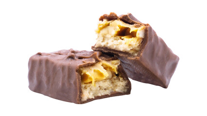 Cross-Section of Chocolate Bar with Caramel, Nougat, and Peanuts on Isolated Background