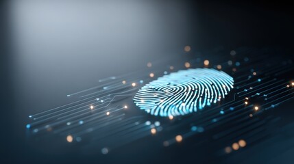 Robo-advisor and financial inclusion, A glowing blue fingerprint on a dark digital circuit board symbolizes biometric security and advanced technology.