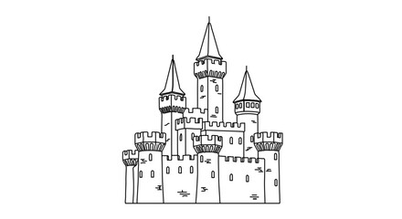 Fototapeta premium Detailed line art drawing of a majestic fairy tale castle with towers and spires for coloring pages and design 100