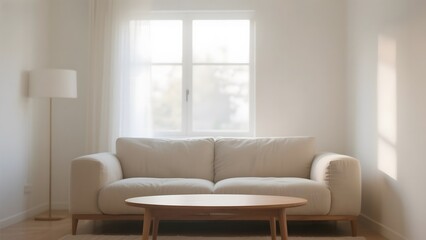 Fototapeta premium Minimalist Living Room with Beige Sofa and Wooden Coffee Table