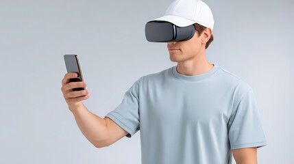 Robo-advisor and financial inclusion, A young man wearing a virtual reality headset interacts with a smartphone, blending real and digital worlds in a modern tech setting.