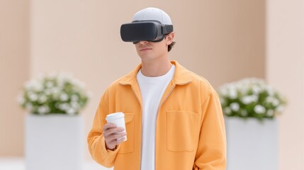 Robo-advisor and financial inclusion, A young man wearing a VR headset enjoys a drink, blending technology with casual lifestyle in a modern, minimalistic setting.