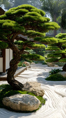 Embracing Tranquility: A Harmonious Dance of Zen Bonsai Trees in a Serene Garden
