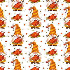 Cute autumn gnomes, seamless vector pattern. Funny elves with beards hold plates of roasted holiday turkeys. Scandinavian characters at a festive Thanksgiving dinner. Flat background for fall party