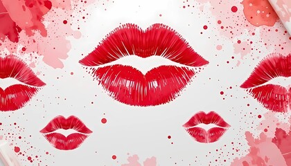 Romantic Red Kiss Prints on a Whimsical Watercolor Background. This image features multiple stylized red kiss prints against a backdrop of soft watercolor-style splashes of pink and red.