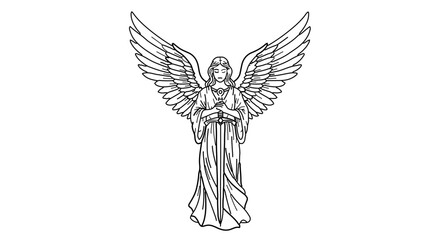 Fototapeta premium Angel drawing with wings spread out, religious angel illustration, celestial being line art vector image