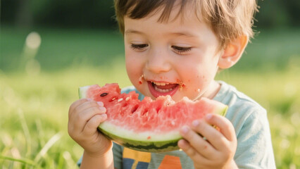 Joyful Toddler Eating Watermelon Slice Outdoors in Summer, Close-Up Portrait, Healthy Snack, Green Background, Bright Sunlight