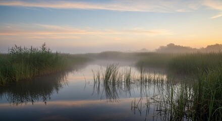 Fototapeta premium Serene marsh landscape at dawn with fog, tall grasses, and reflective water