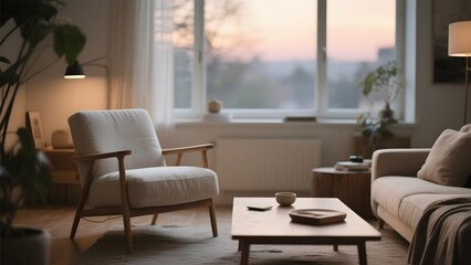 Cozy Living Room with Soft Lighting and Sunset View