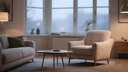Modern Living Room with Beige Furniture and Large Windows