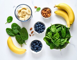 Smoothie Ingredients Bananas Spinach Blueberries Almonds on Marble Surface.
