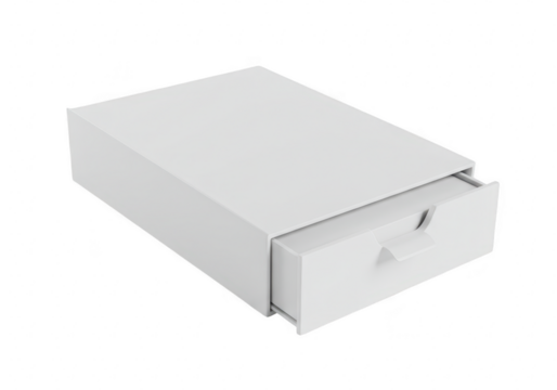 Modern white box with a partially opened drawer isolated on a transparent background perfect for product display and packaging