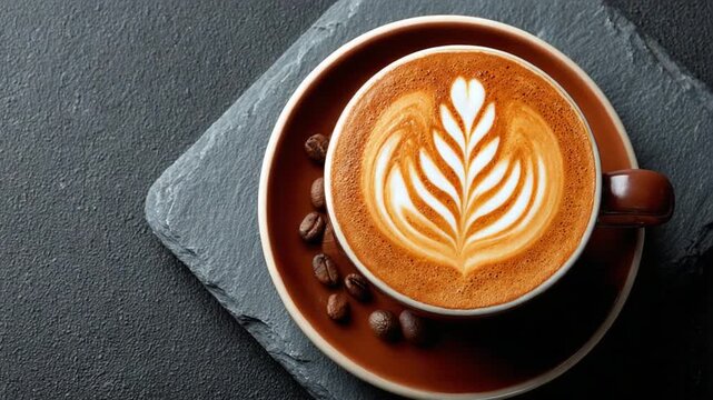 Latte Art Perfection: A meticulously crafted latte, adorned with intricate coffee art, sits elegantly on a saucer beside scattered coffee beans.