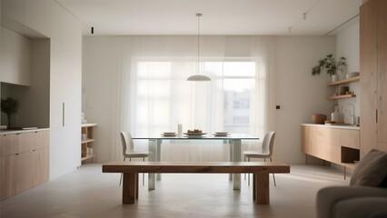 Fototapeta premium Modern minimalist living and dining space with natural light and sleek furniture