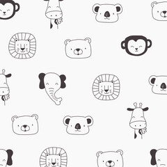 Seamless pattern with cute cartoon animals. Hand drawn vector illustration
