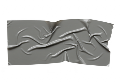 A piece of crumpled grey duct tape is stuck to a transparent background showing its adhesive and textured surface