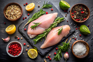 Top view composition of uncooked chicken fillet placed on black board among pink pepper and green branches of rosemary and himalayan pink salt and lime and garlic and turmeric