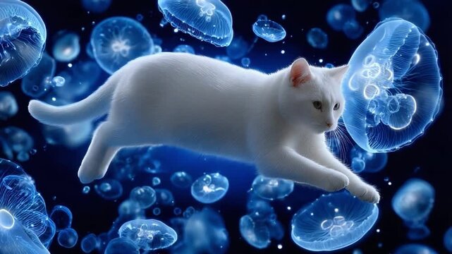 Celestial Kitty: A pristine white cat gracefully levitates amidst ethereal jellyfish, creating a surreal and enchanting scene, inviting viewers into a dreamscape of wonder. 