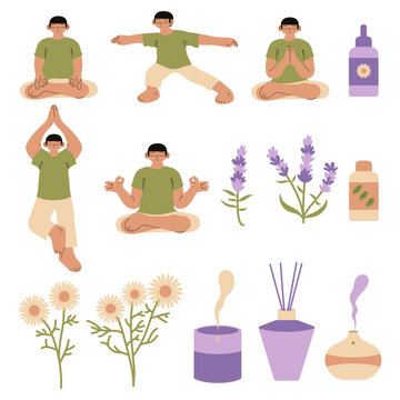 Minimalist Flat Design People Doing Yoga and Aromatherapy Essential Oil Set