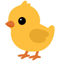 Cute cartoon illustration of a baby chick with a simple, flat design style. Bright yellow body, orange beak and legs, and big round eyes