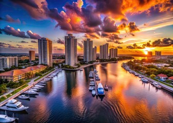 Fototapeta premium Luxury living: Aventura Marina's condos, yachts, and homes at sunset.