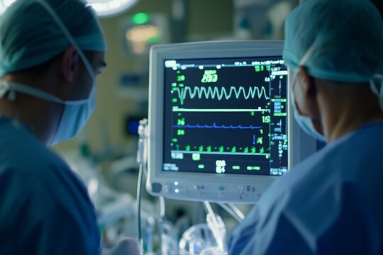 Two Surgeons Reviewing Patient Data on a Monitor in a Bright Operating Room