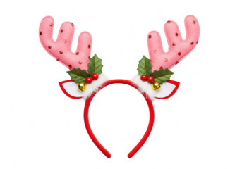 Festive pink reindeer antlers headband with jingle bells and holly for christmas parties and holiday fun isolated on transparent background