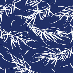 Elegant seamless botanical pattern with hand drawn white willow leaves on deep navy background. Flowing and minimal, perfect for textile prints, fashion design, gift wrap, and modern decor.