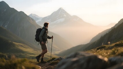 Hiker with backpack trekking through mountainous terrain at sunrise