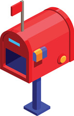Red isometric mailbox with flag and mail slot