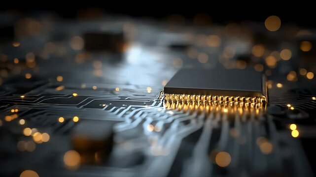 High tech computer chip glows on circuit board abstract technology