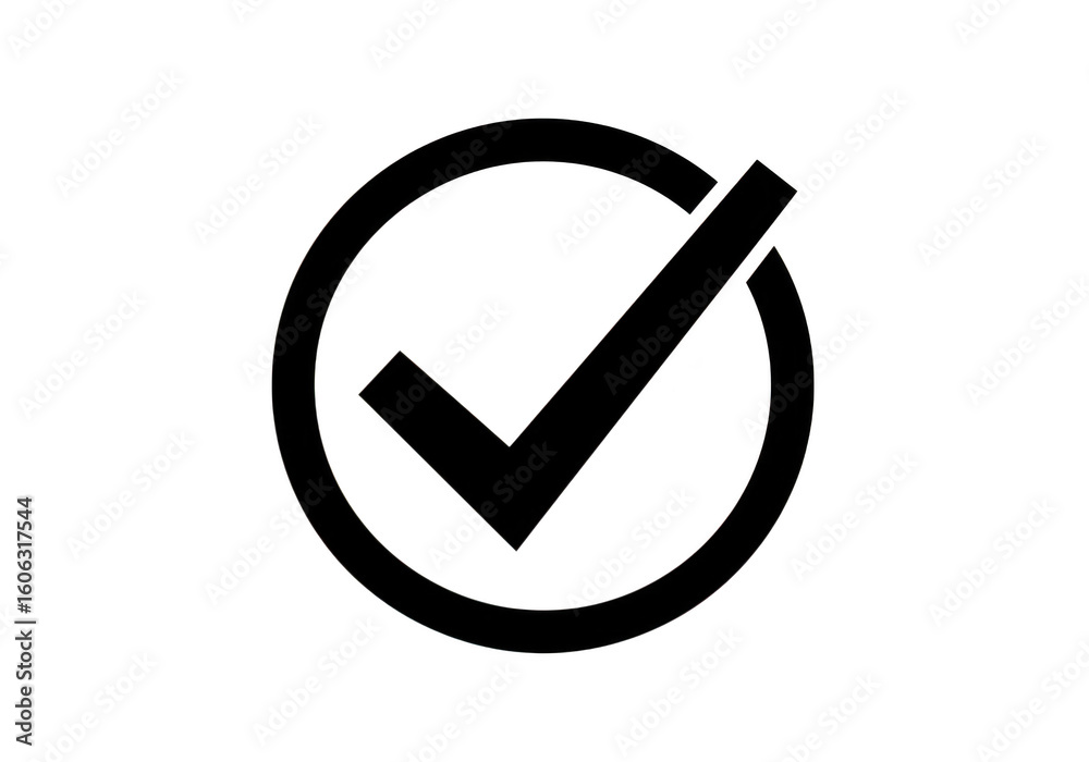 Poster black checkmark icon within a circular outline on a transparent background symbolizing completion an