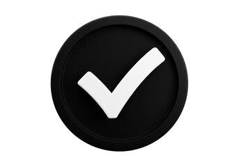 3d white checkmark symbol inside a black circle on a transparent background representing success and approval