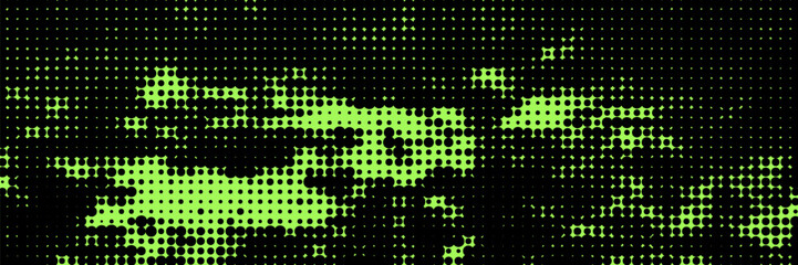 Spotted radioactive halftone pattern. Dirty grange effect and black dotted on acid green backdrop. Vector layered resource for template, banner and design project.