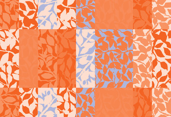 Seamless botanical pattern with layered leaves in a modern patchwork layout. Warm terracotta, soft peach, and pastel blue hues create a fresh, organic look for textile and surface design.
