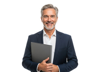 Smiling middleaged businessman with gray hair and beard in a suit holding a laptop isolated on a transparent background