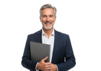 Smiling middleaged businessman with gray hair and beard in a suit holding a laptop isolated on a transparent background