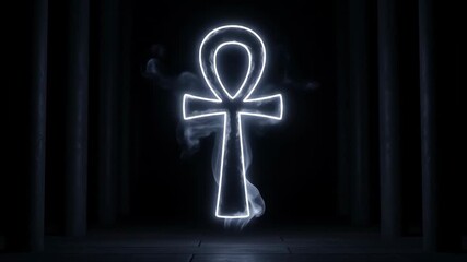 Glowing Ankh Symbol in Dark Temple - A bright white Ankh symbol glows with ethereal smoke in a dark, mysterious temple setting. - Powered by Adobe