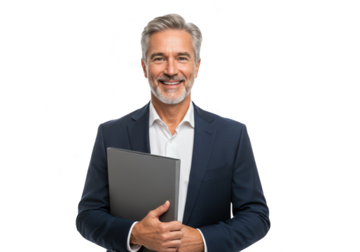 Smiling middleaged businessman with gray hair and beard in a suit holding a laptop isolated on a transparent background