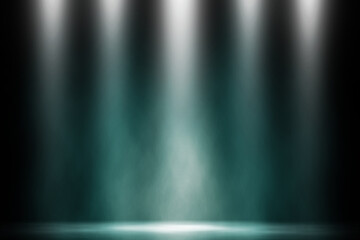 Five blue smoke drifts across the dimly lit stage, creating a surreal and dramatic atmosphere in the background.