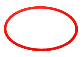 Vibrant red oval shape drawn with a textured brush stroke on a transparent background symbolizing a marker or highlight