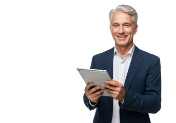 Smiling distinguished businessman in a dark blue suit holding a tablet computer looking confidently at the camera isolated on transparent background