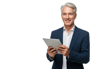 Smiling distinguished businessman in a dark blue suit holding a tablet computer looking confidently at the camera isolated on transparent background