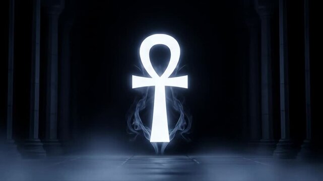 Glowing Ankh Symbol in Dark Temple - A luminous white Ankh symbol floats in the center of a dimly lit, ancient temple. Smoke or mist surrounds the Ankh, adding to the mystical atmosphere.