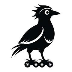 Whimsical Bird on Roller Skates Playful Avian Silhouette with Unique Wheels and Crested Head a Cartoon Icon