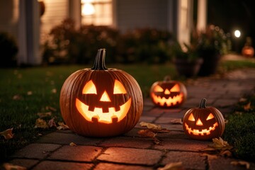 Front porch Halloween Jack O' Lantern decoration outside a house, spooky seasonal on