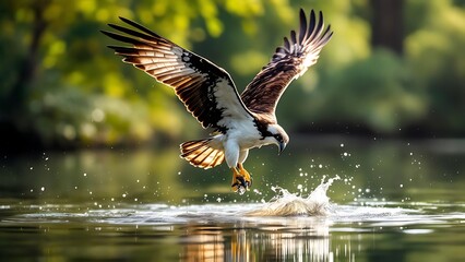 Obraz premium A powerful eagle catches a fish in a river with sharp talons and splashing water. Ideal for wildlife photography, nature storytelling, and animal behavior documentaries