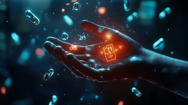 Stylized floating healthcare icons swirling above a glowing glove