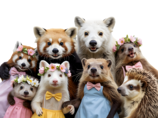 Adorable woodland creatures dressed for a party isolated on a transparent background animals